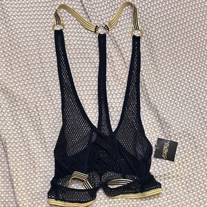 Black Mesh Bodysuit with Gold Trim